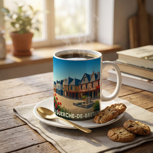 Mug souvenir de la ville de La Guerche-de-Bretagne avec une illustration stylisée de ses maisons à pans de bois.