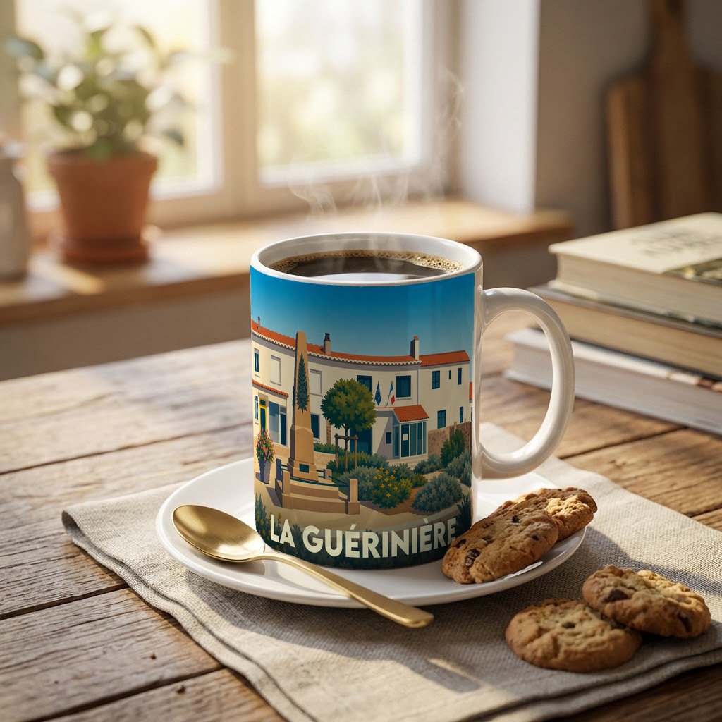 Mug souvenir de la ville de La Guérinière avec une illustration stylisée et colorée.