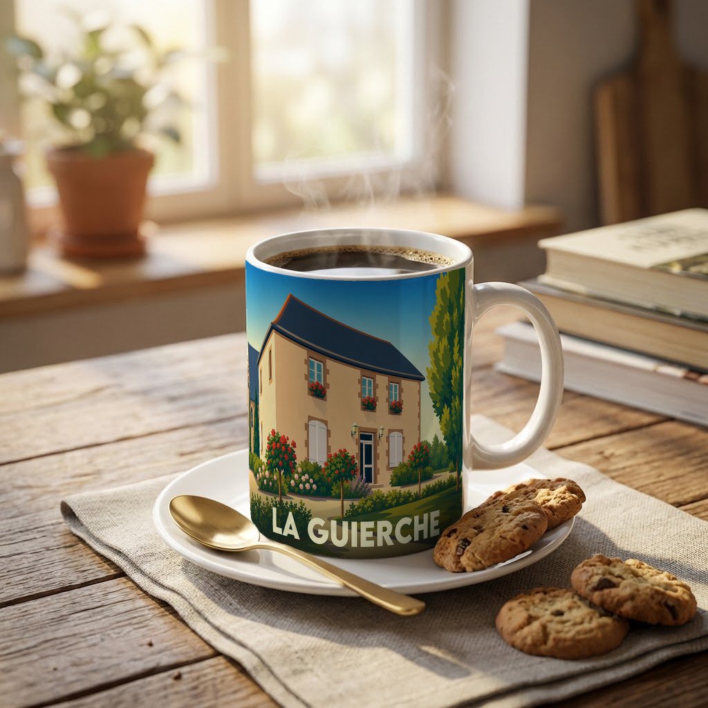 Mug souvenir de la ville de La Guierche avec une illustration stylisée représentant une maison fleurie.