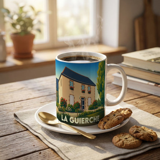 Mug souvenir de la ville de La Guierche avec une illustration stylisée représentant une maison fleurie.