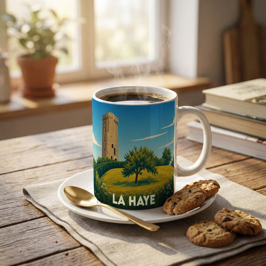 Mug souvenir de la ville de La Haye avec une illustration stylisée d'une tour médiévale.