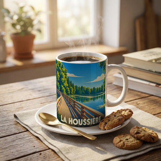 Mug souvenir de la ville de La Houssière avec une illustration stylisée d'un ponton sur un lac.