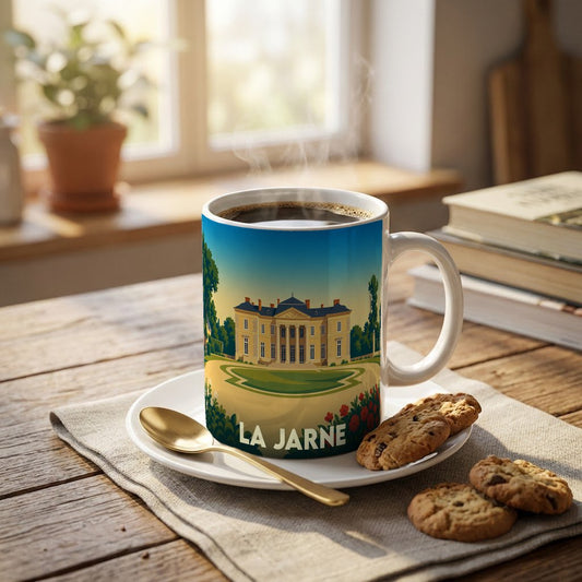 Mug souvenir de la ville de La Jarne avec une illustration stylisée d'un château.