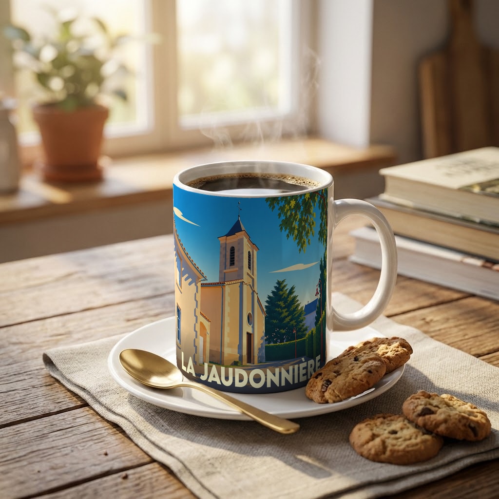 Mug souvenir de la ville de La Jaudonnière avec une illustration stylisée d'une église sous un ciel bleu.