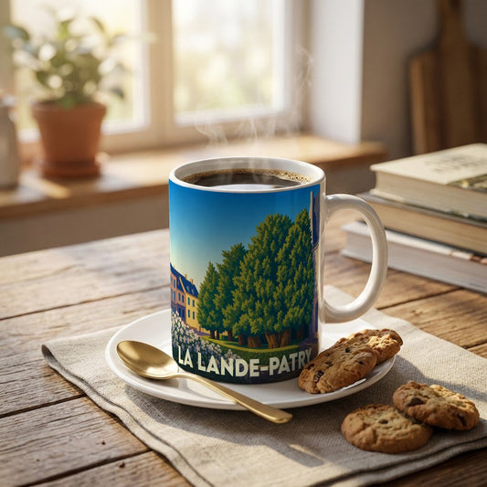 Mug souvenir de la ville de La Lande-Patry avec une illustration stylisée d'un paysage urbain verdoyant.