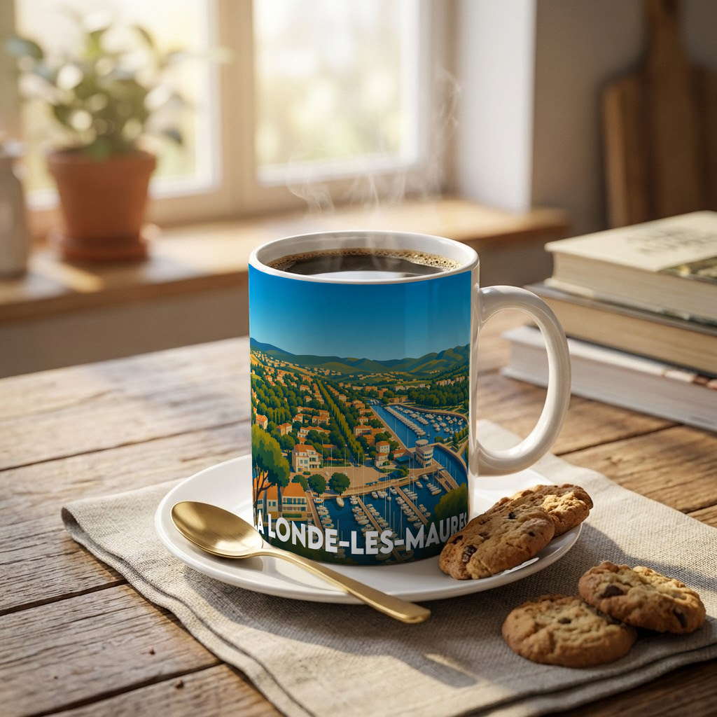 Mug souvenir de la ville de La Londe-les-Maures orné d'une illustration panoramique colorée de son port et de son littoral.