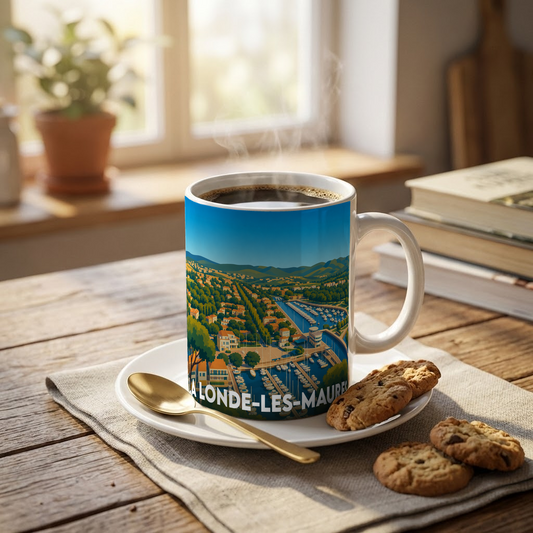 Mug souvenir de la ville de La Londe-les-Maures orné d'une illustration panoramique colorée de son port et de son littoral.