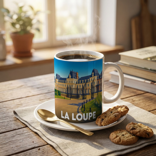 Mug souvenir de la ville de La Loupe avec une illustration stylisée.