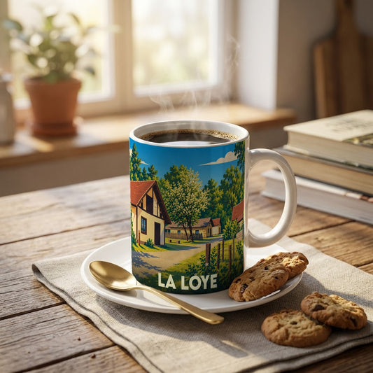 Mug souvenir de la ville de La Loye avec une illustration champêtre stylisée.