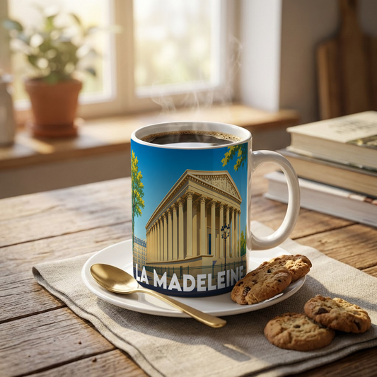 Mug souvenir de la ville de La Madeleine avec une illustration stylisée de son église.