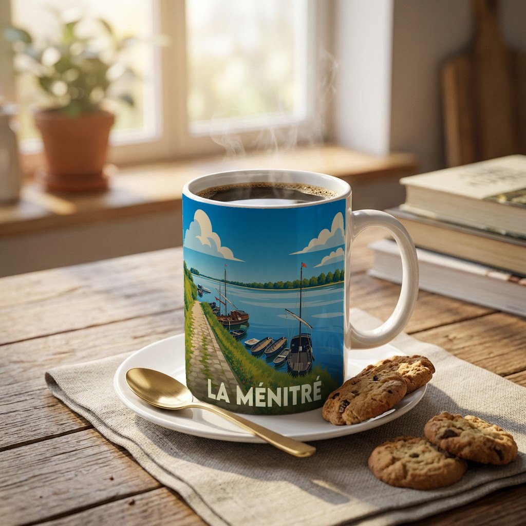 Mug souvenir de la ville de La Ménitré avec une illustration stylisée d'un paysage de bord de Loire.