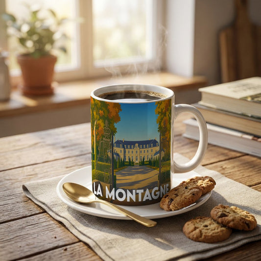 Mug souvenir de la ville de La Montagne avec une illustration stylisée d'un domaine arboré.