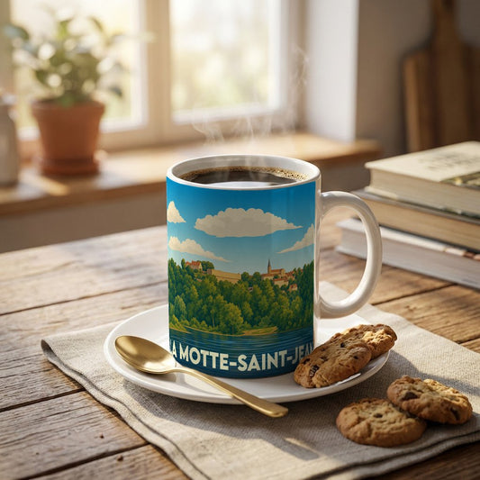 Mug souvenir de la ville de La Motte-Saint-Jean avec une illustration stylisée de son paysage.