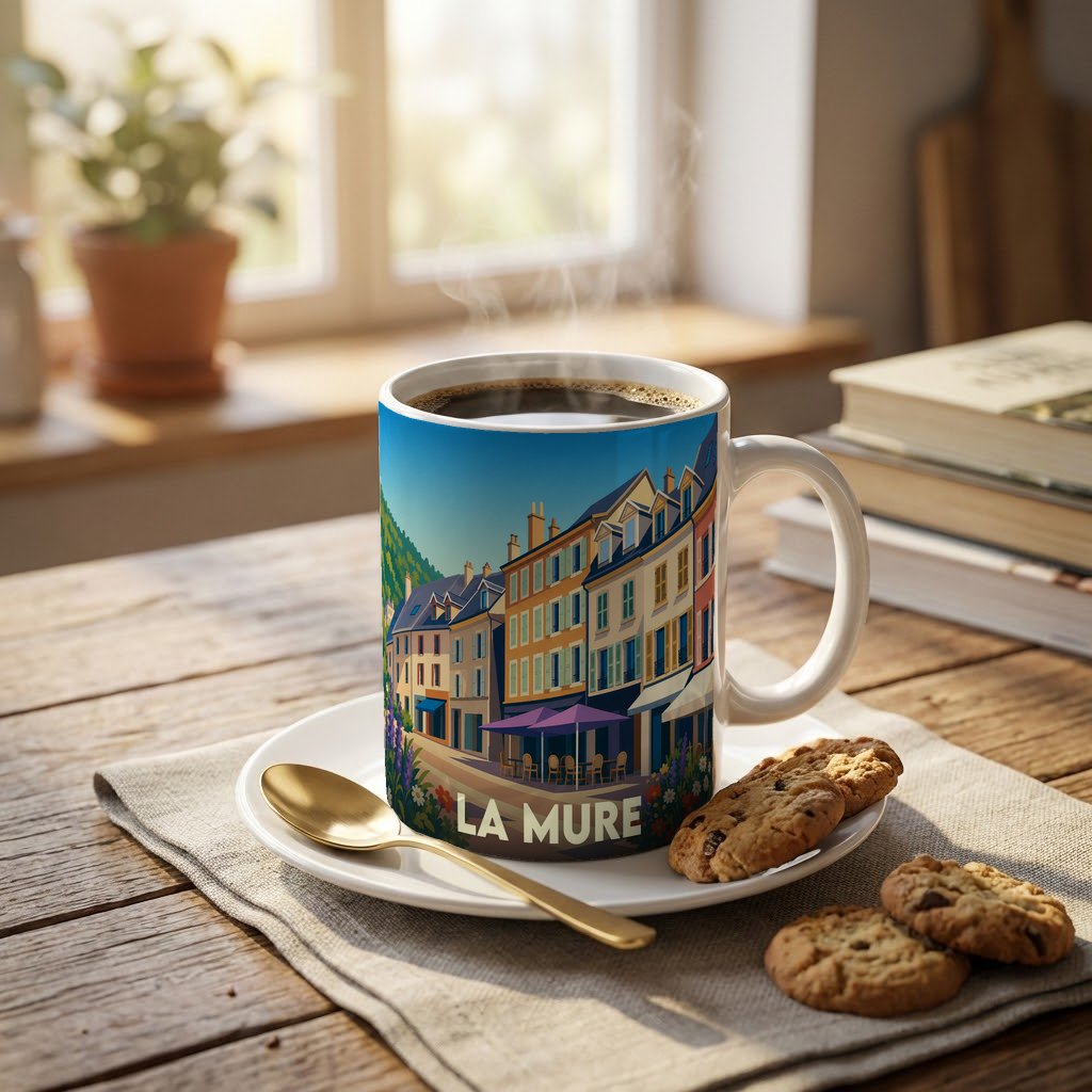 Mug souvenir de la ville de La Mure avec une illustration colorée et stylisée de ses rues.