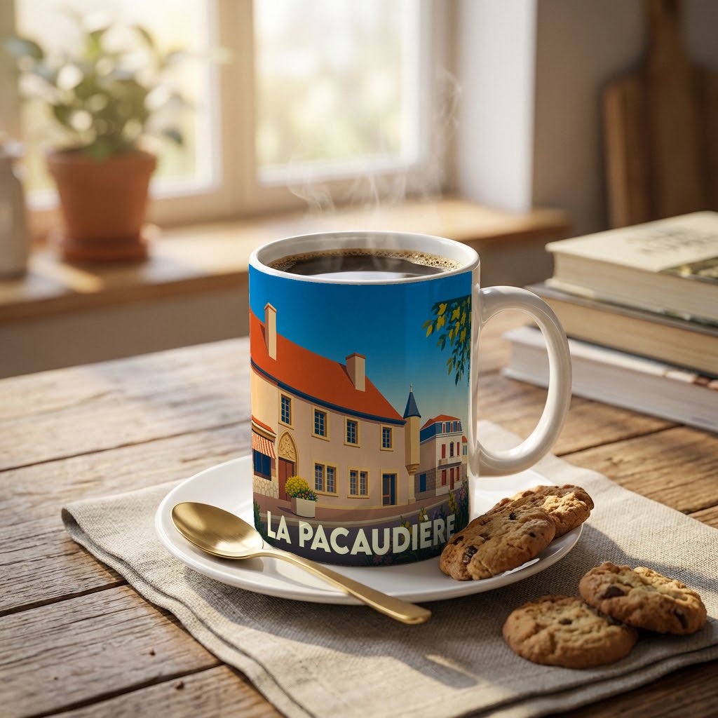 Mug souvenir de la ville de La Pacaudière orné d'une illustration stylisée de ses bâtiments historiques.