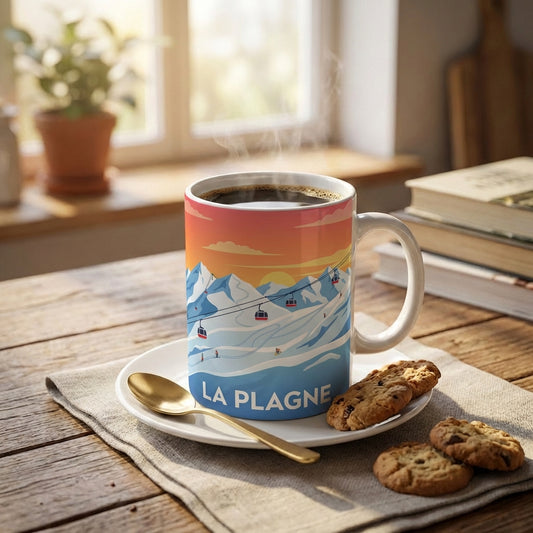 Mug souvenir de La Plagne avec une illustration stylisée de montagnes et de remontées mécaniques.
