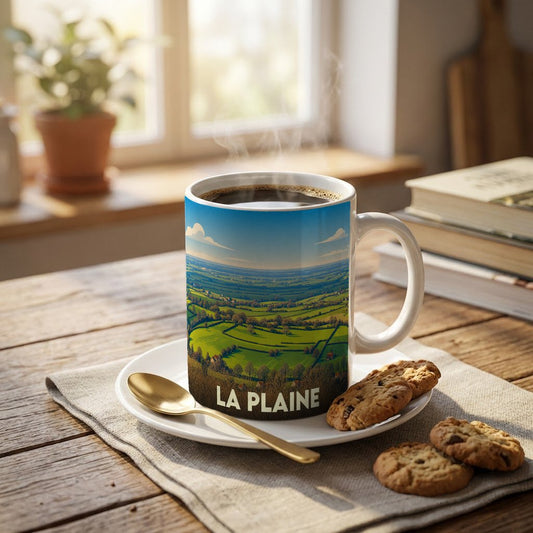 Mug souvenir de la ville de La Plaine illustré d'un paysage rural verdoyant.