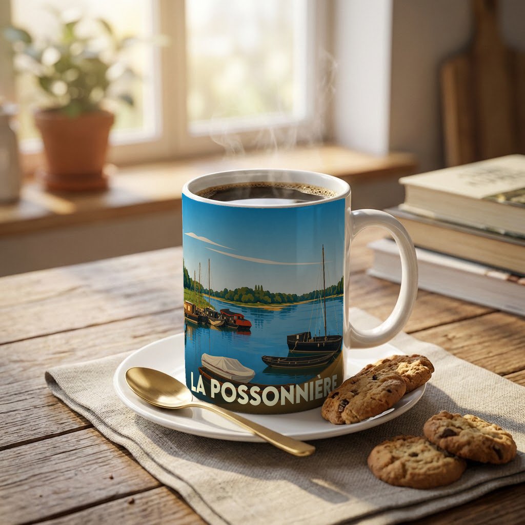 Mug souvenir de la ville de La Possonnière illustré d'une scène de bateaux sur la Loire.