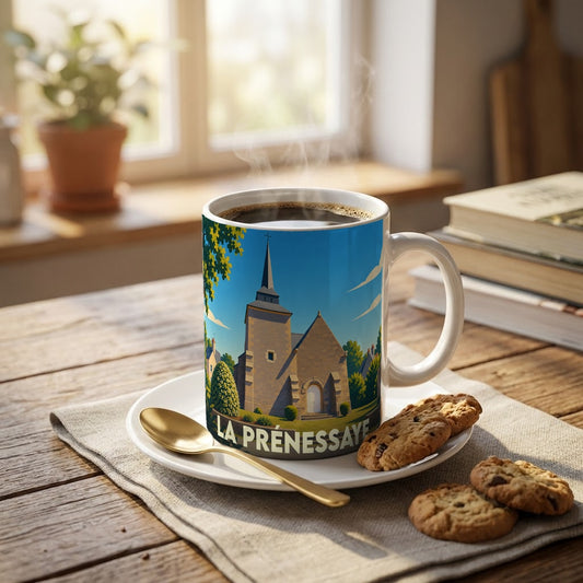 Mug souvenir de la ville de La Prénessaye orné d'une illustration stylisée de son église.