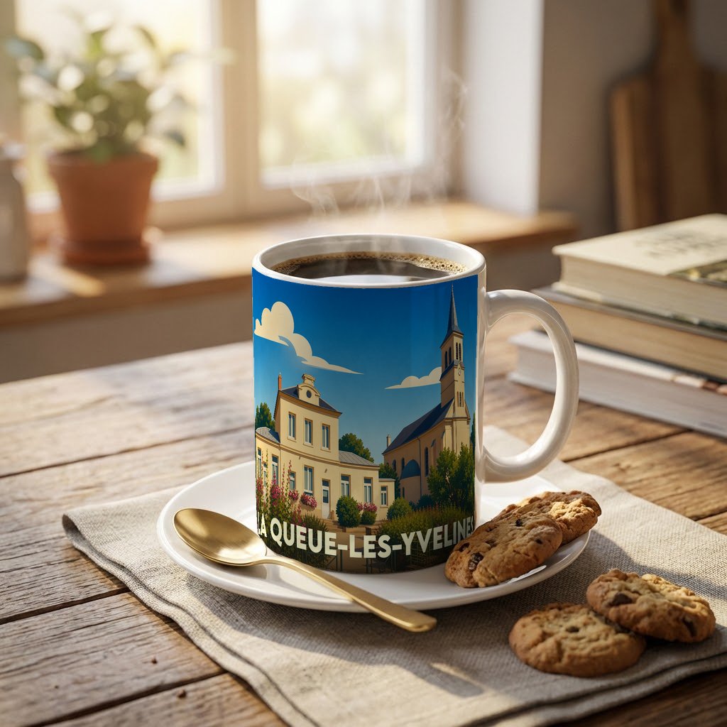 Mug souvenir de la ville de La Queue-les-Yvelines avec une illustration stylisée d'un paysage urbain.