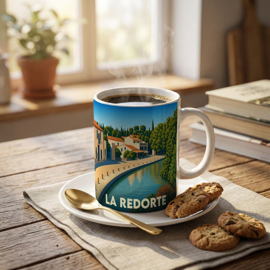 Mug souvenir de la ville de La Redorte avec une illustration stylisée des bords du canal.