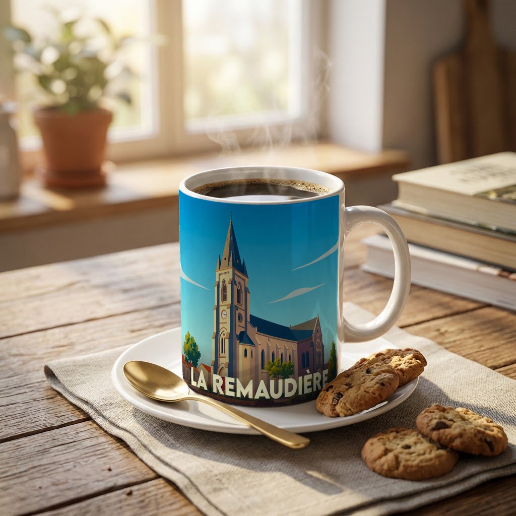 Mug souvenir de la ville de La Remaudière illustré par une église stylisée sous un ciel bleu.