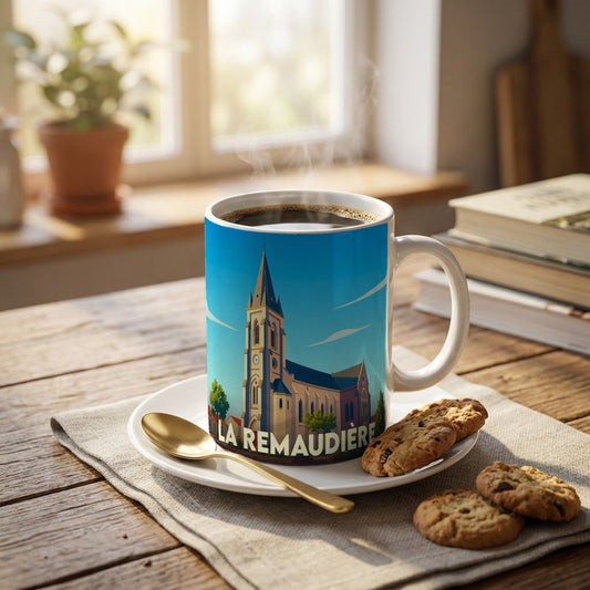 Mug souvenir de la ville de La Remaudière illustré par une église stylisée sous un ciel bleu.