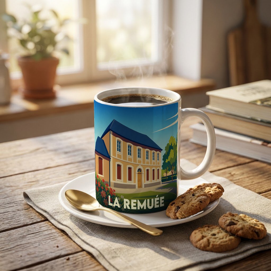 Mug souvenir de la ville de La Remuée orné d'une illustration stylisée d'un bâtiment local.
