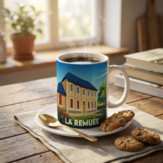 Mug souvenir de la ville de La Remuée orné d'une illustration stylisée d'un bâtiment local.