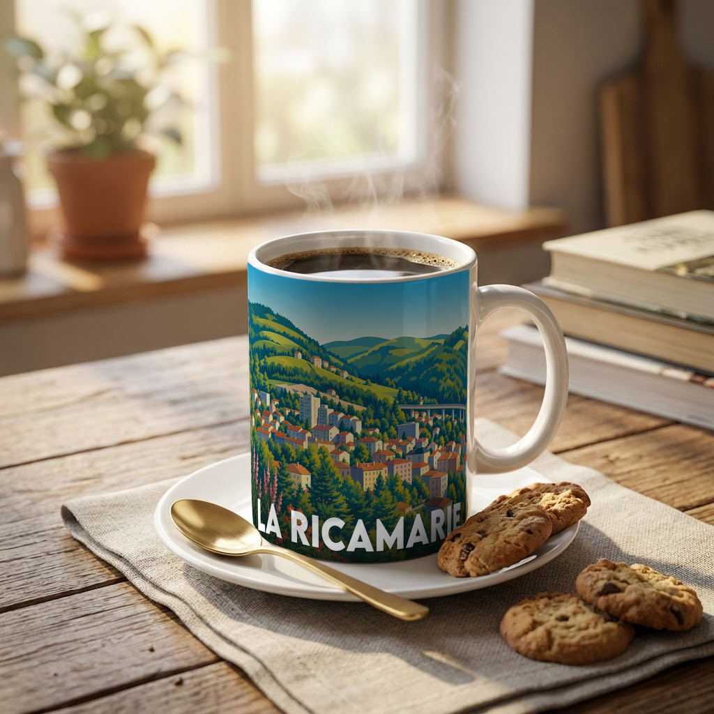 Mug souvenir de la ville de La Ricamarie orné d'une illustration stylisée de son paysage urbain et verdoyant.