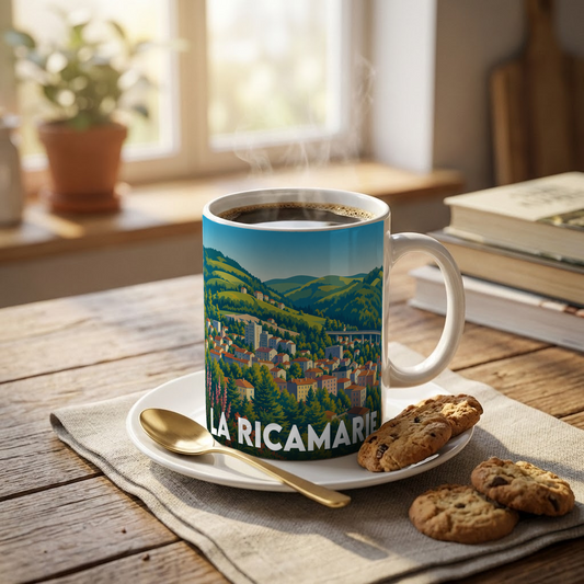 Mug souvenir de la ville de La Ricamarie orné d'une illustration stylisée de son paysage urbain et verdoyant.