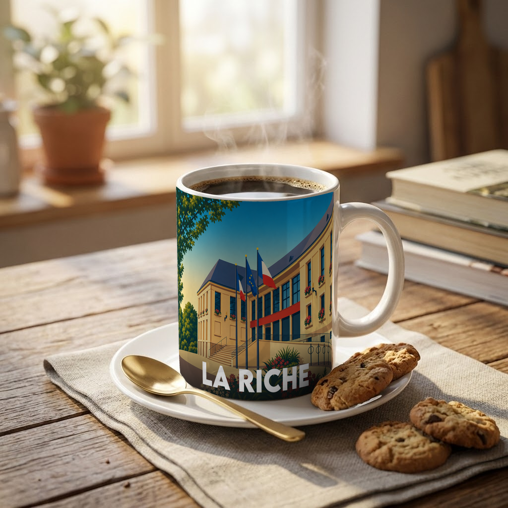Mug souvenir de la ville de La Riche avec une illustration stylisée de l'hôtel de ville.