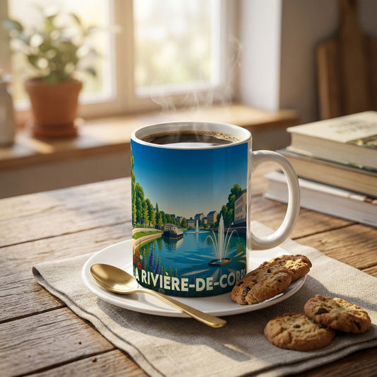Mug souvenir de la ville de La Rivière-de-Corps avec une illustration stylisée de ses bords de l'eau.