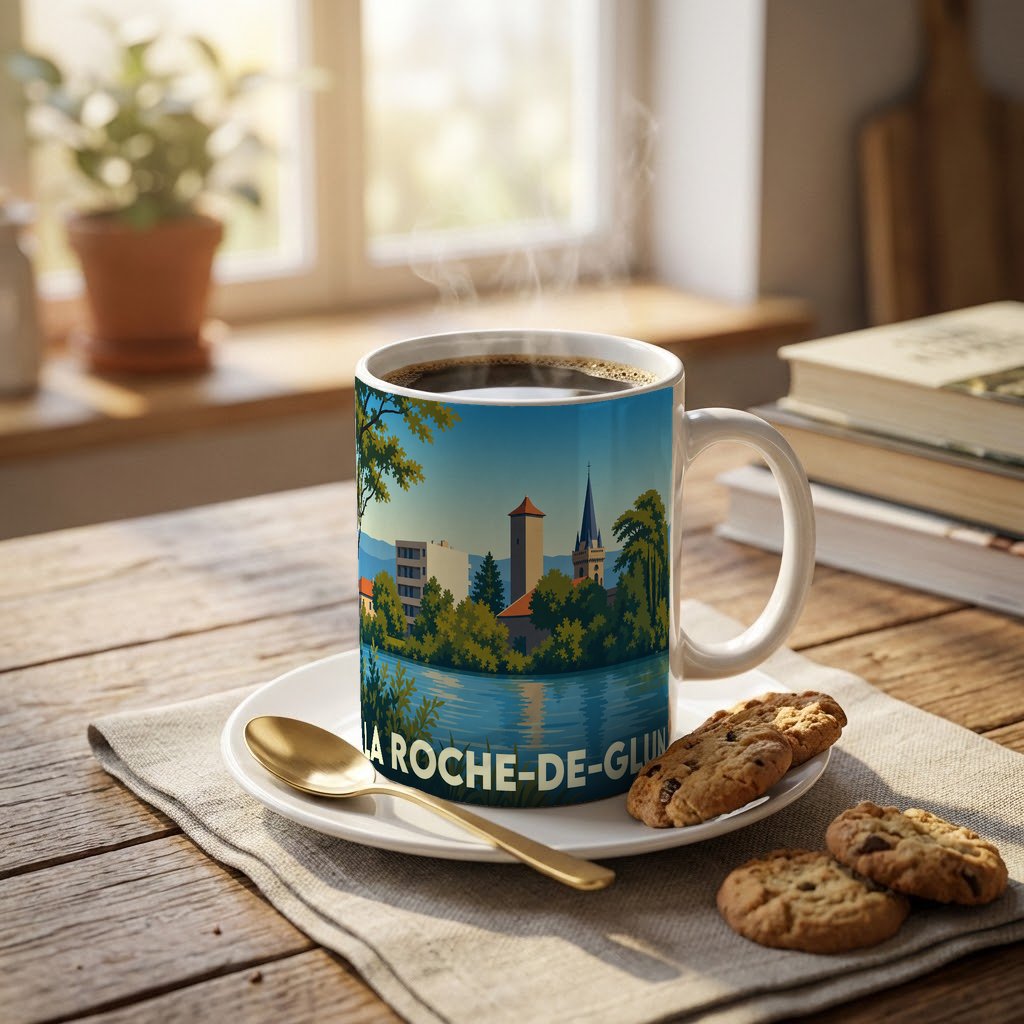 Mug souvenir de la ville de La Roche-de-Glun orné d'une illustration stylisée du bord de l'eau.