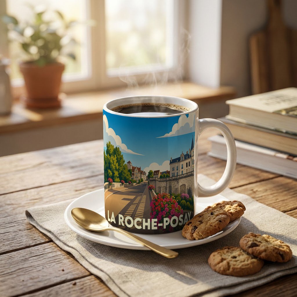 Mug souvenir de la ville de La Roche-Posay avec une illustration colorée de son architecture.