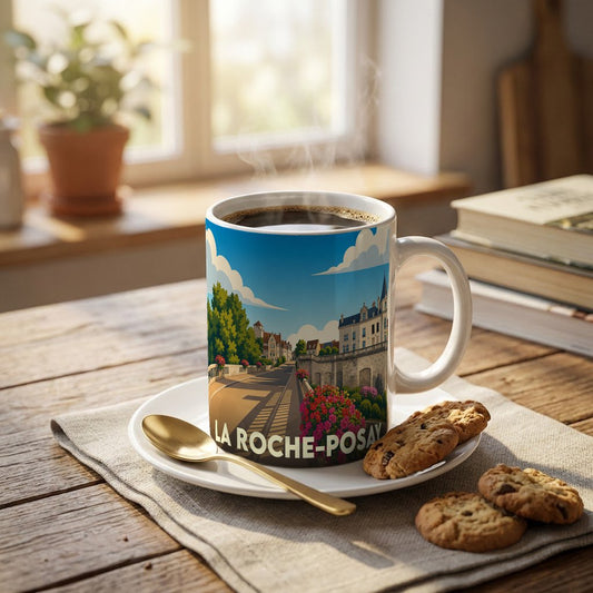 Mug souvenir de la ville de La Roche-Posay avec une illustration colorée de son architecture.