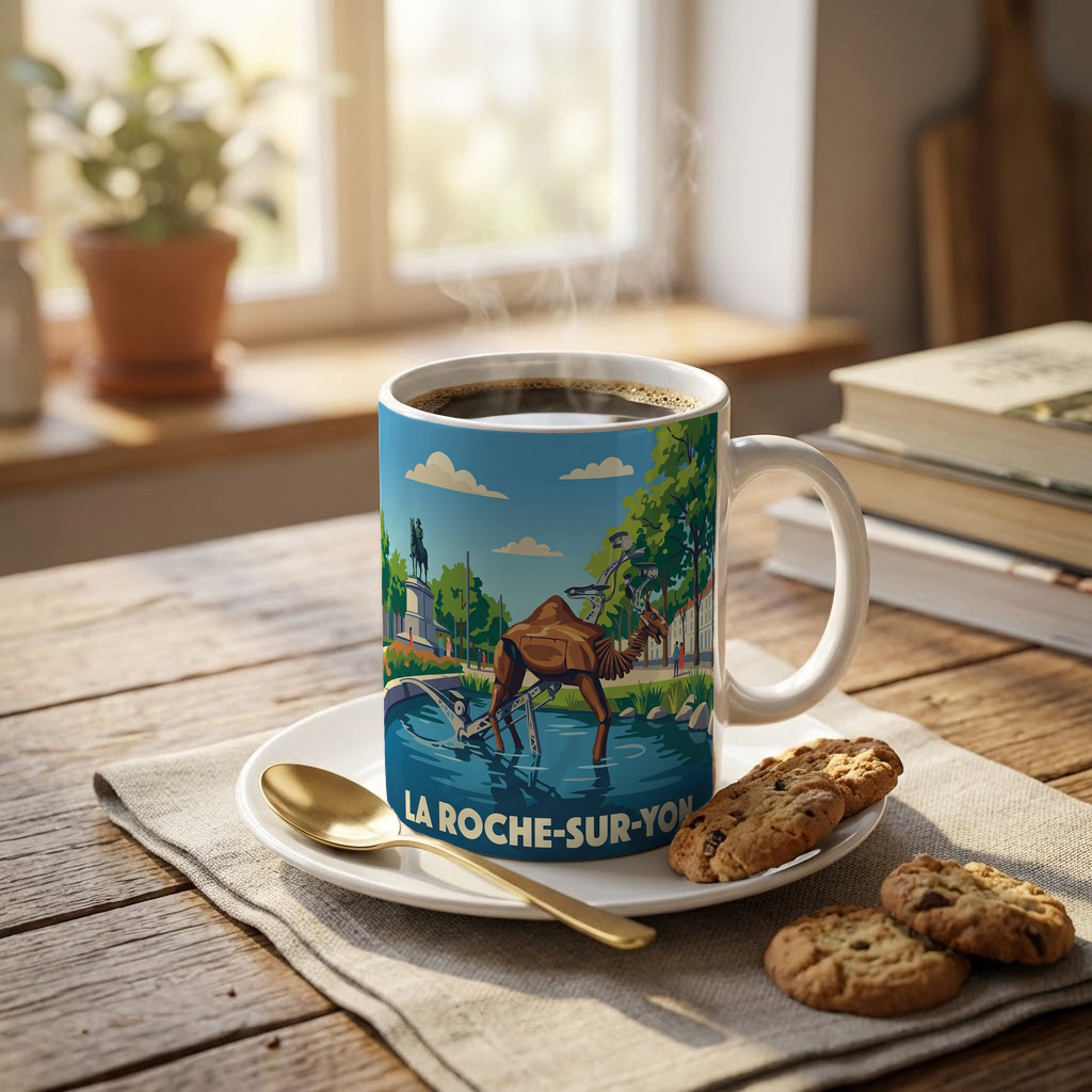 Mug souvenir de la ville de La Roche-sur-Yon avec une illustration stylisée de ses animaux mécaniques.