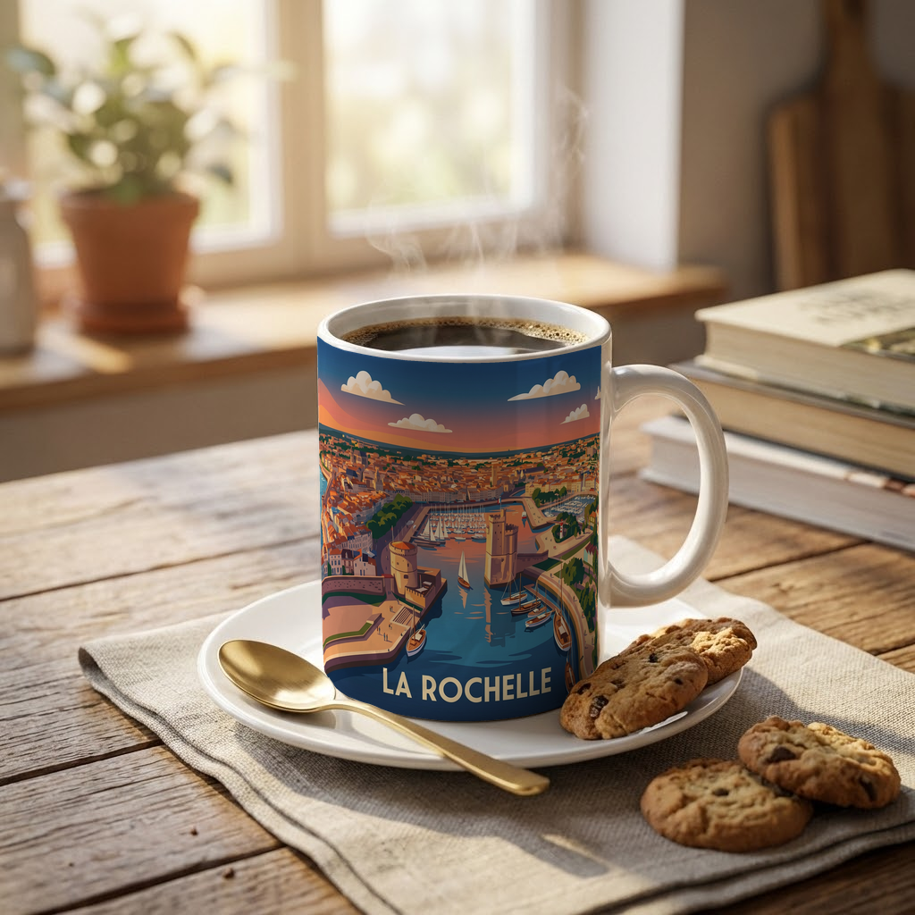 Mug souvenir de la ville de La Rochelle avec une illustration stylisée.