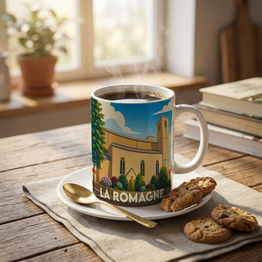 Mug souvenir de la ville de La Romagne avec une illustration stylisée de son église.