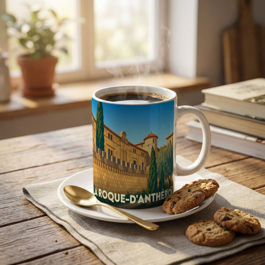 Mug souvenir de la ville de La Roque-d'Anthéron avec une illustration stylisée de son patrimoine.