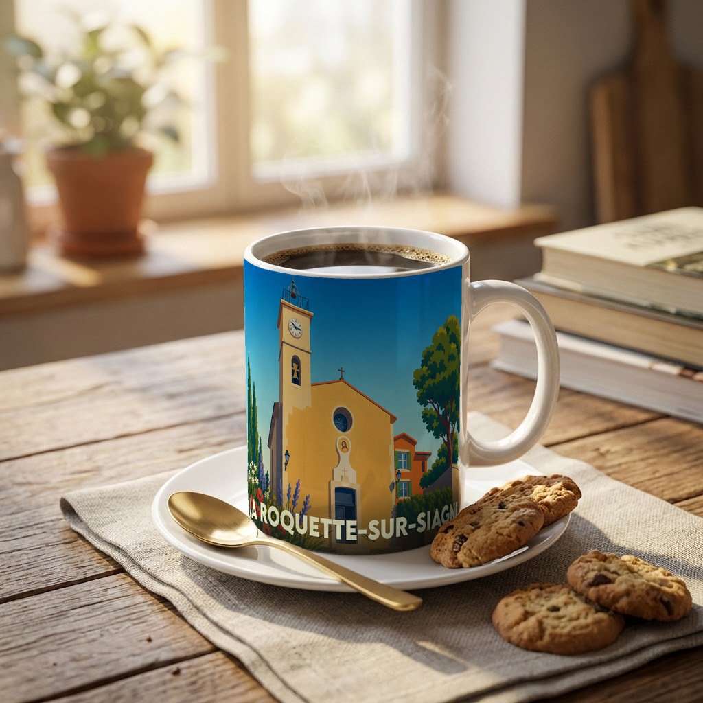 Mug souvenir de la ville de La Roquette-sur-Siagne avec une illustration stylisée de son église.