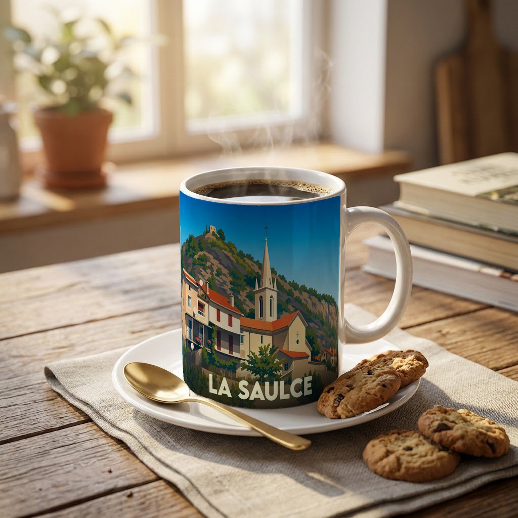 Mug souvenir de la ville de La Saulce illustré d'un paysage montagneux et de son église.