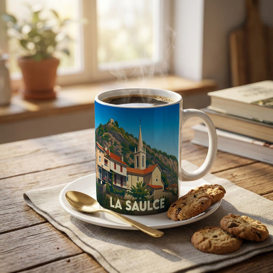 Mug souvenir de la ville de La Saulce illustré d'un paysage montagneux et de son église.