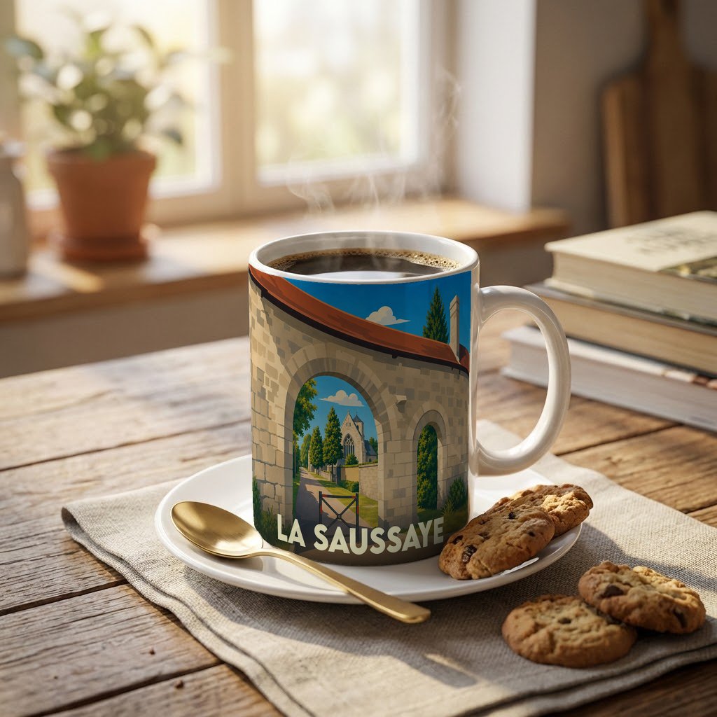 Mug souvenir de la ville de La Saussaye avec une illustration stylisée d'une porte ancienne ouvrant sur un clocher.