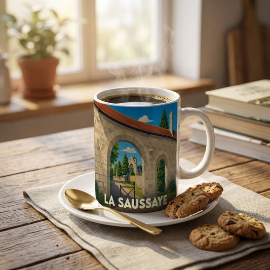 Mug souvenir de la ville de La Saussaye avec une illustration stylisée d'une porte ancienne ouvrant sur un clocher.