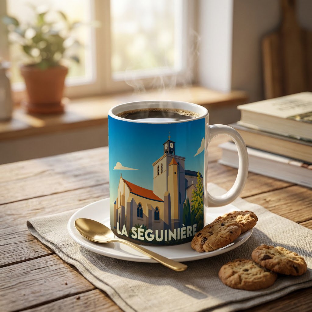 Mug souvenir de la ville de La Séguinière orné d'une illustration stylisée de son église.
