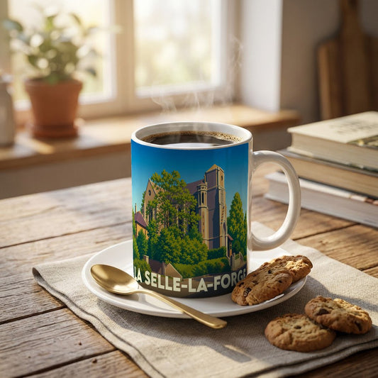 Mug souvenir de la ville de La Selle-la-Forge orné d'une illustration stylisée de son église.
