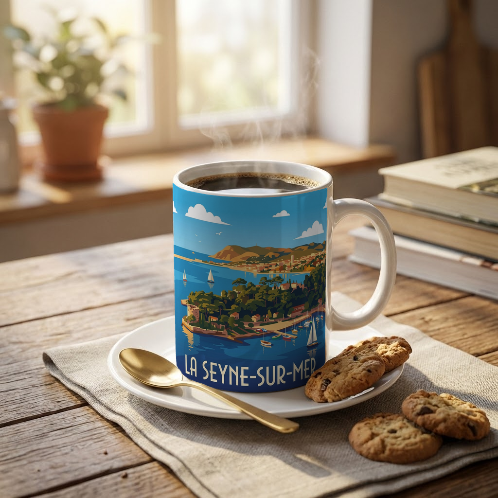 Mug souvenir de la ville de La Seyne-sur-Mer avec une illustration stylisée de son paysage côtier.