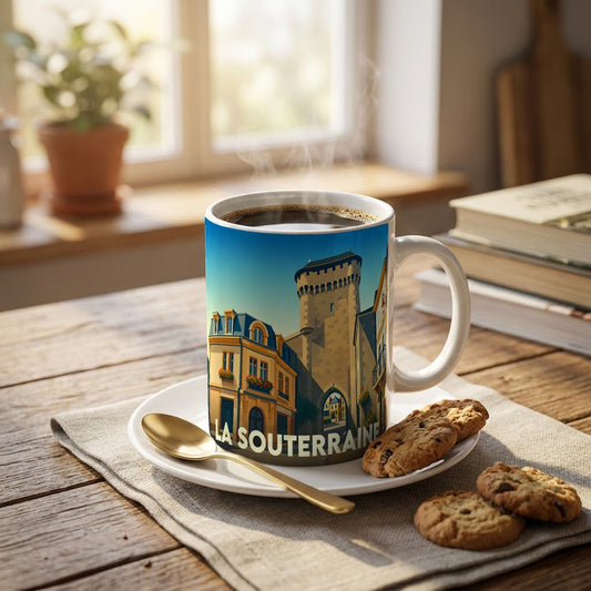 Mug souvenir de la ville de La Souterraine avec une illustration stylisée d'une porte médiévale.