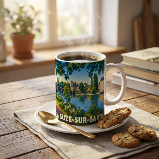 Mug souvenir de la ville de La Suze-sur-Sarthe avec une illustration stylisée d'un paysage fluvial.